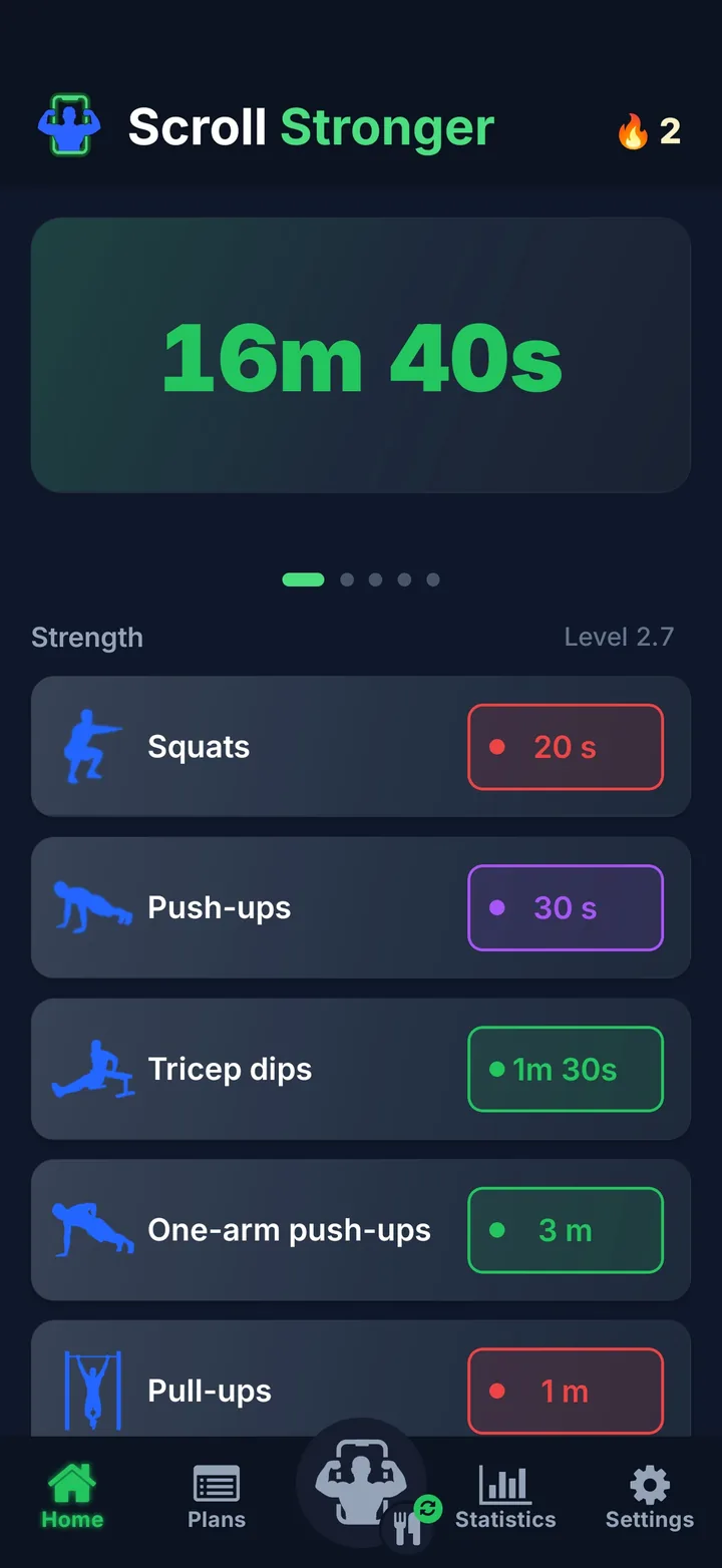 Pantalla de inicio con el saldo de tiempo disponible y la lista de ejercicios de fuerza.
